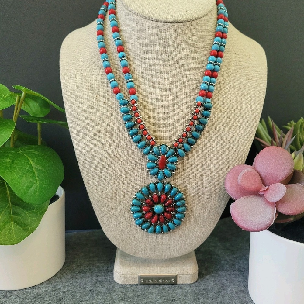 Southwestern Turquoise Color Red Stone Statement Bib Necklace Floral 16"